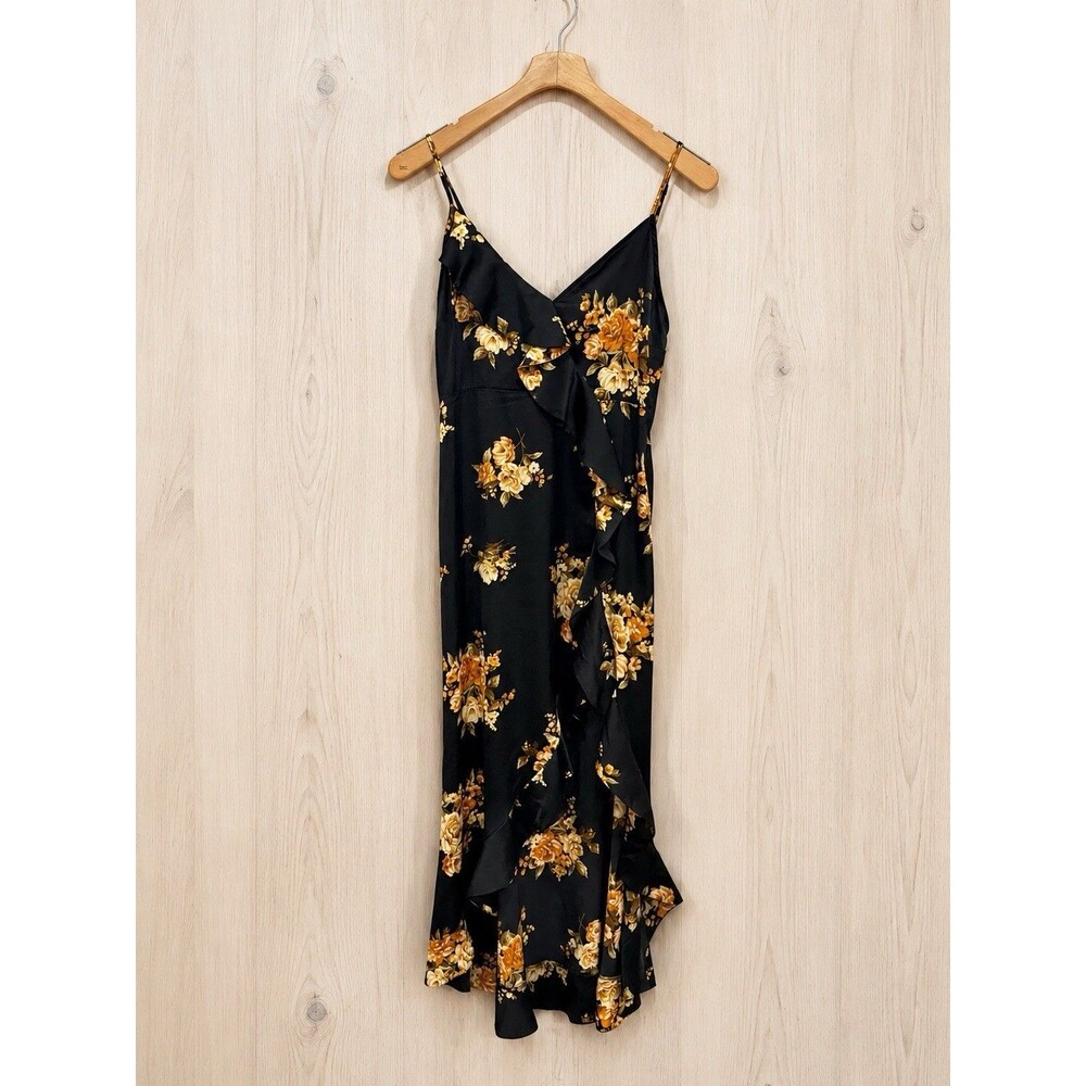 By The River Floral Silky Sexy Midi Dress Sleeveless Black Gold Fairygoth Medium